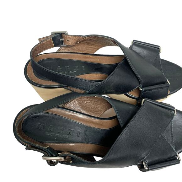 Marni Womens Size 39 Black Leather Wood Platform Sandals - Picture 9 of 10